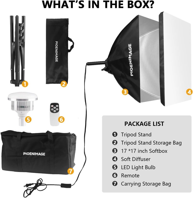 PIOENIMAGE Softbox Lighting Kit, Soft Box Photography Lighting Set with 17in x 17in Softbox, Folding Lighting Tripod, 85W 2700K-6500K LED Bulb, Remote, Studio Lights for Photography, Video Recording - Image 2